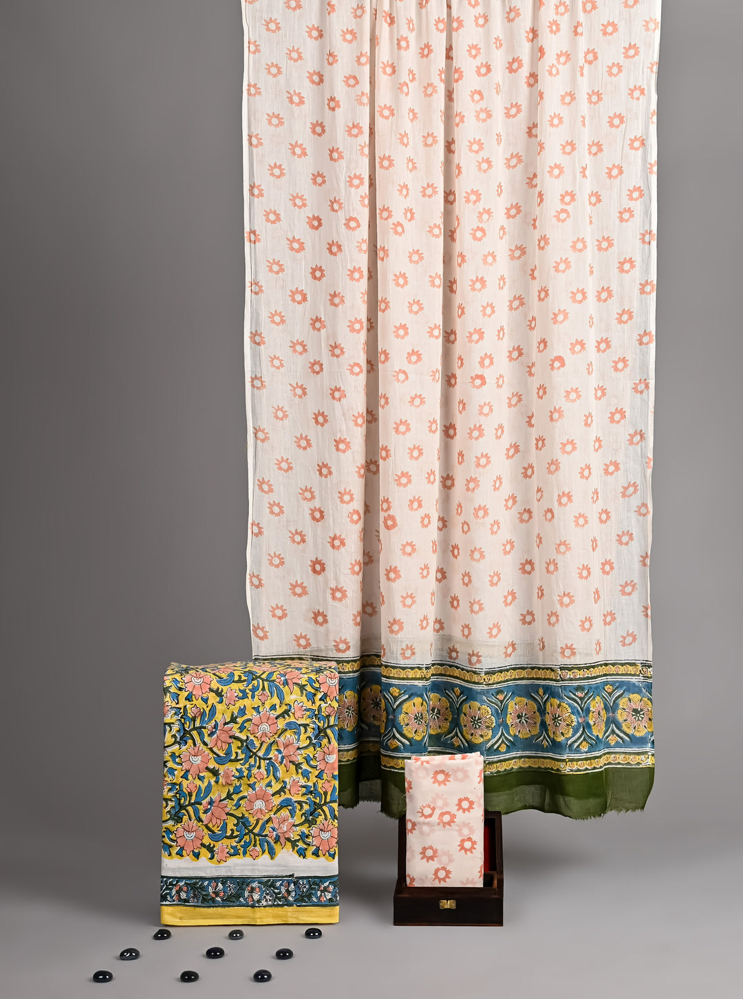 Mustard Yellow & Sage Green Floral Hand Block Printed Pure Cotton Suit Set with Cotton Dupatta