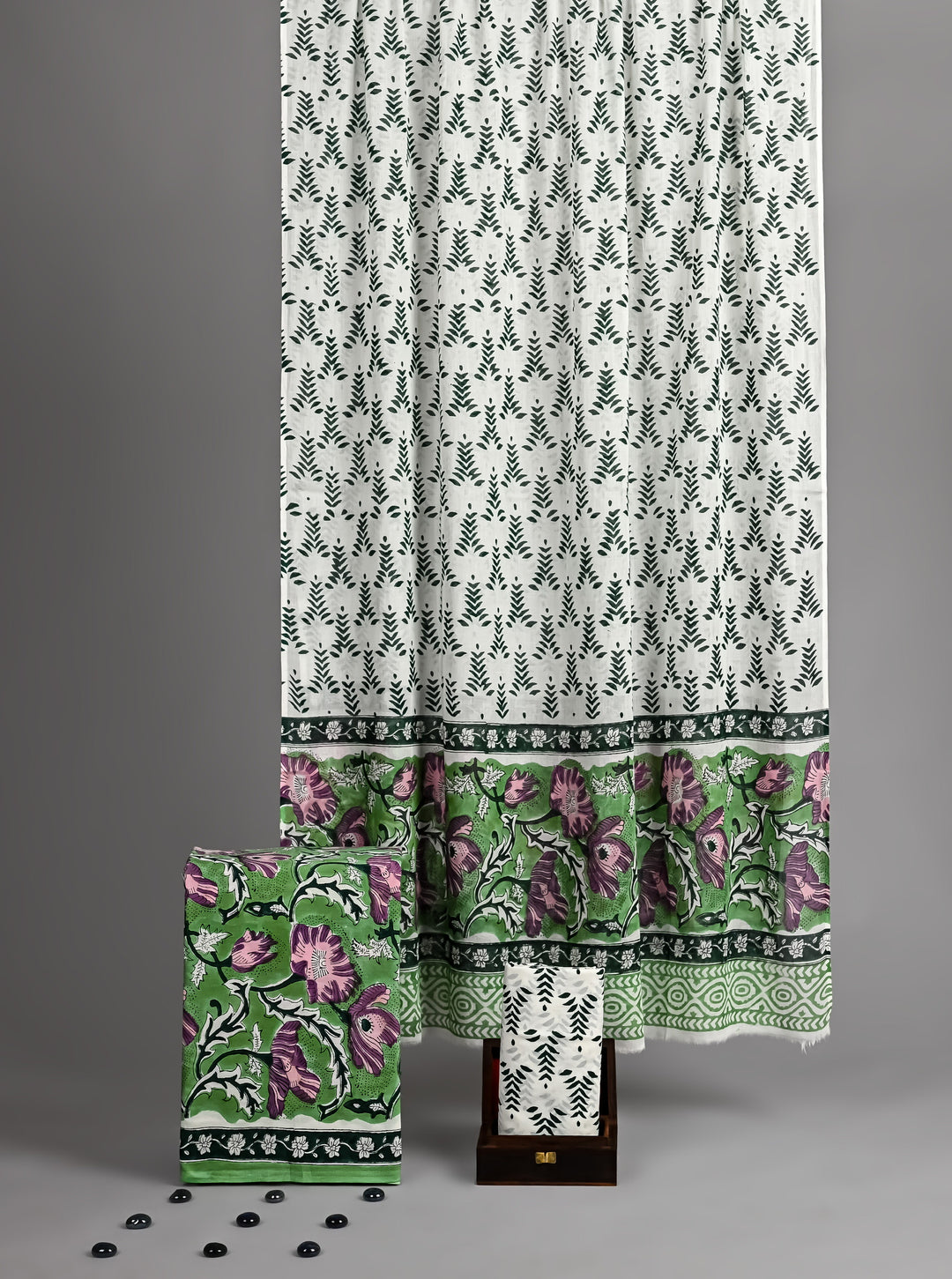 Deep Emerald Green & Magenta Hand Block Print Cotton Unstitched Suit with Matching Cotton Dupatta