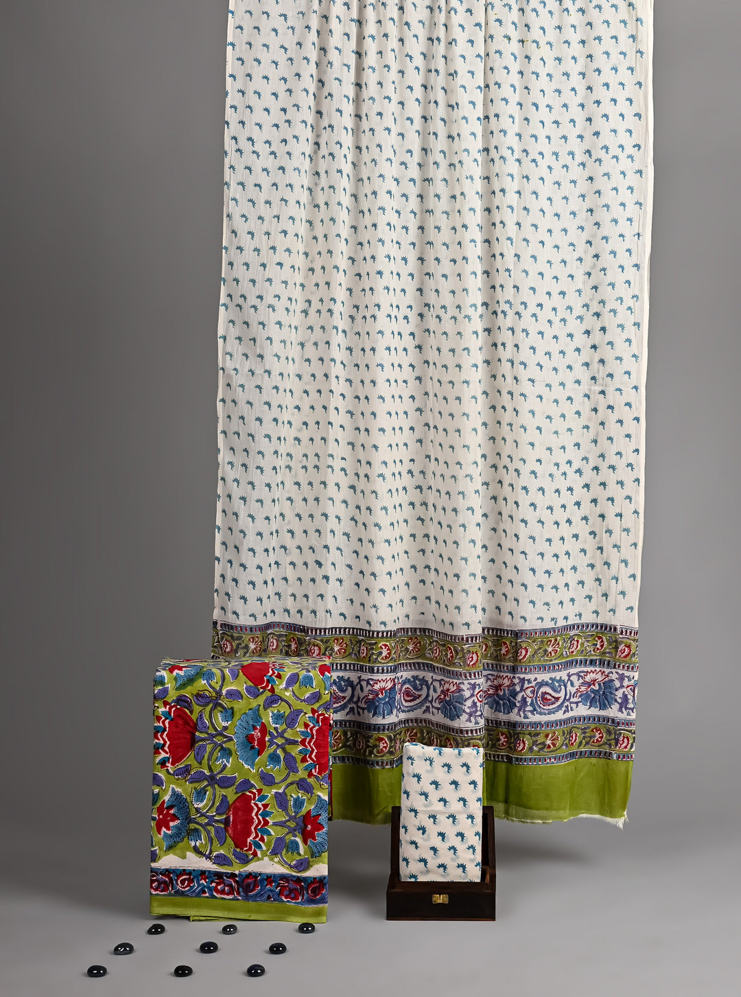 Vibrant Lime Green & Ruby Red Floral Jaal Hand Block Printed Cotton Suit Set with Bordered Dupatta