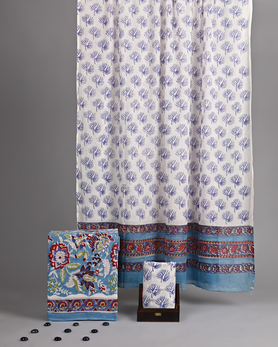 Sky Blue & Crimson Red Ethnic Hand Block Printed Cotton Suit with Tree Motif Print Dupatta