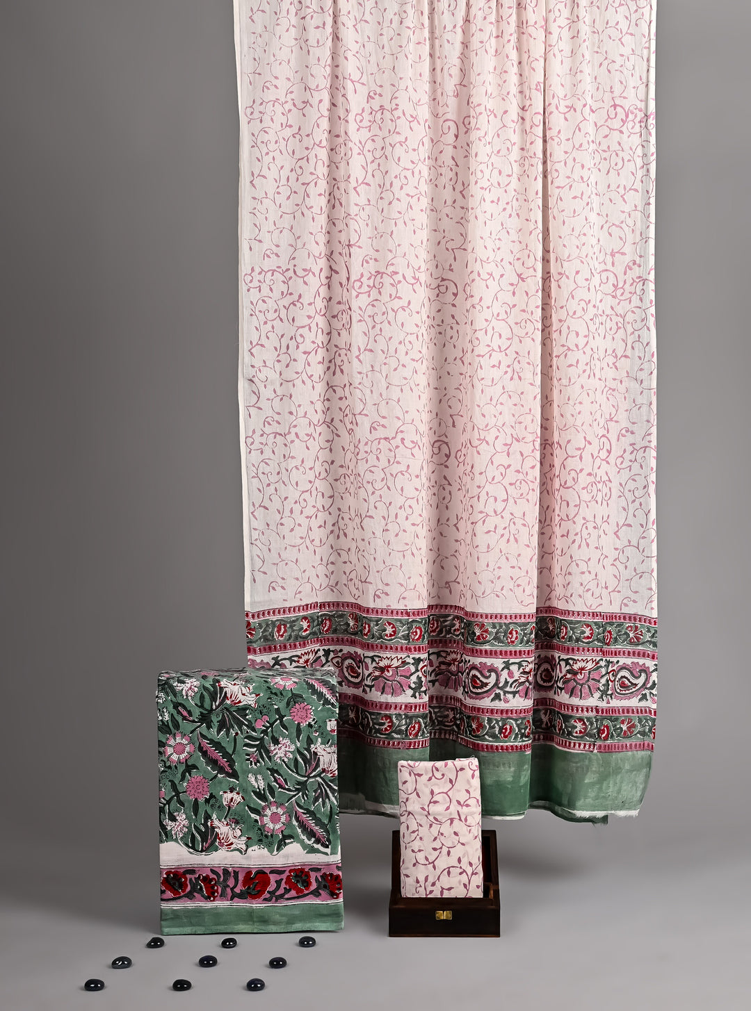 Pastel Grey-Green & Blush Pink Hand Block Printed Unstitched Cotton Suit with Floral Dupatta
