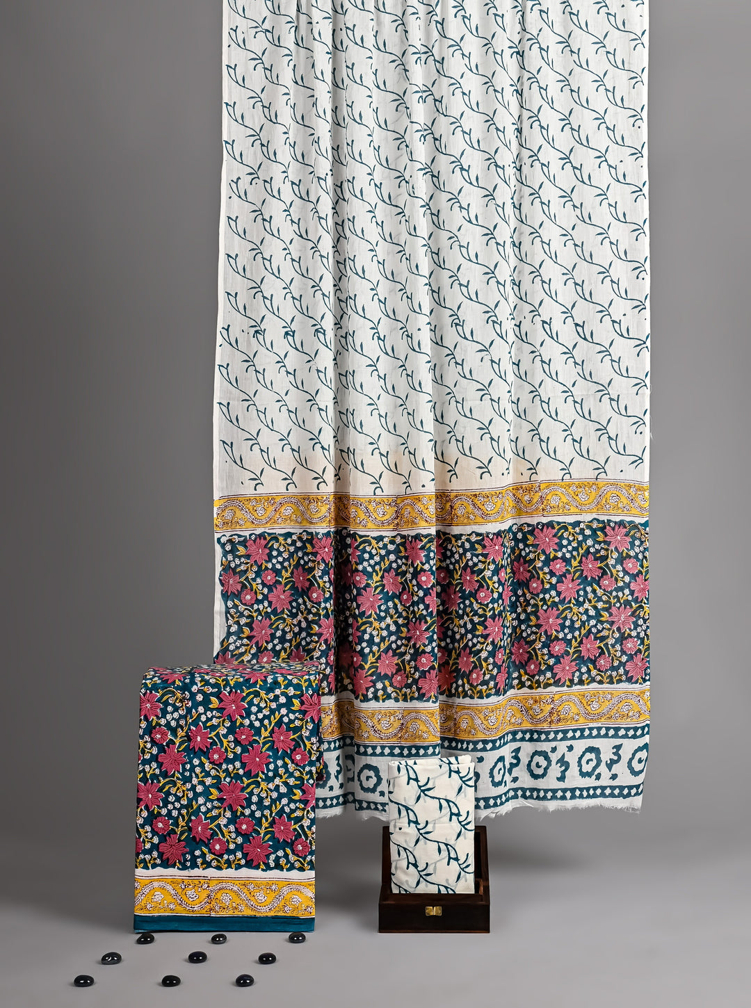 Royal Teal & Golden Yellow Hand Block Printed Cotton Suit Set with Vine Print Cotton Dupatta