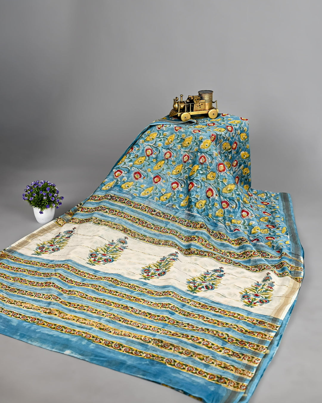 Sanganeri Pure Maheshwari Silk Saree Handblock Printed Saree - Teal Blue
