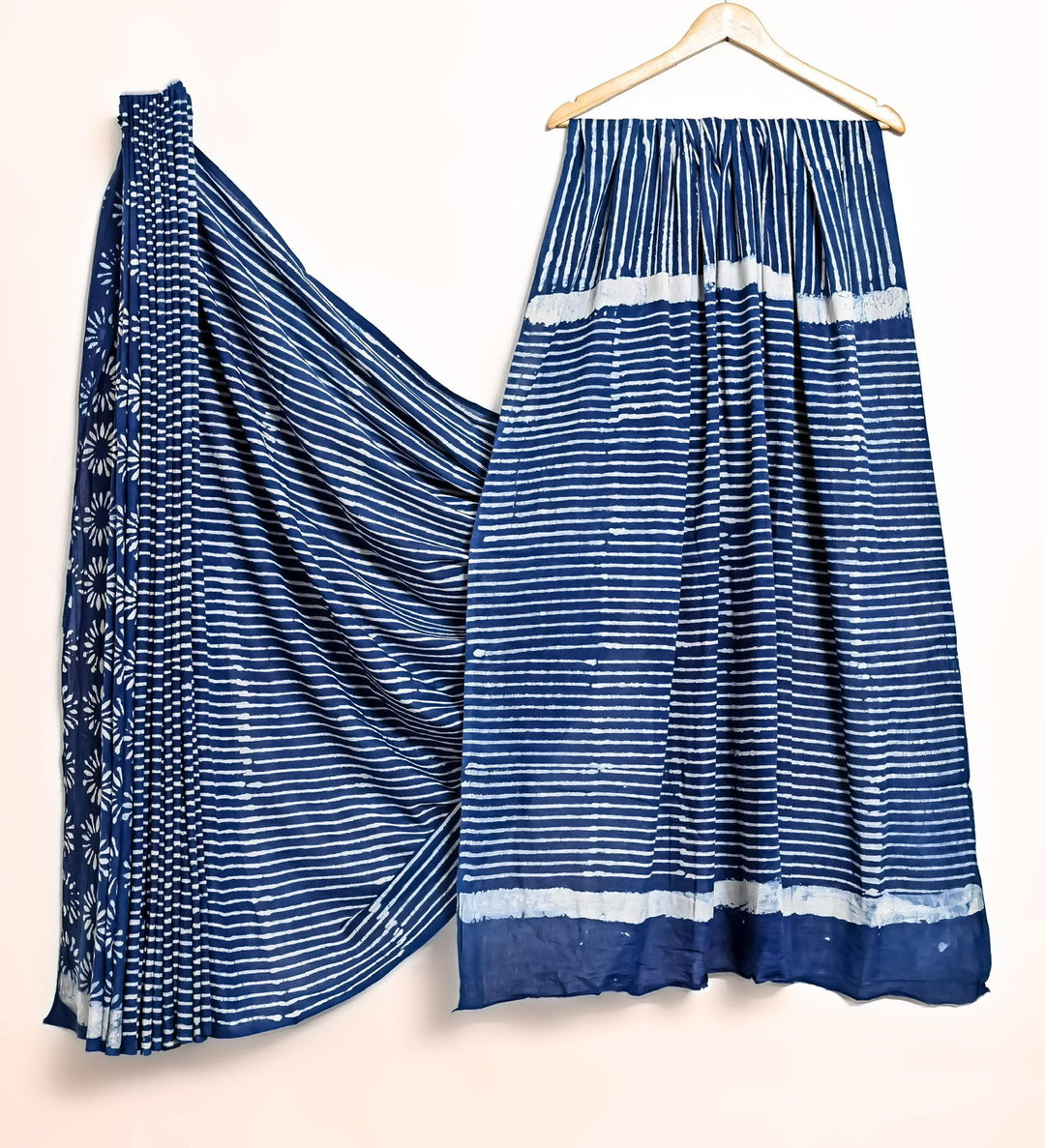 Pure Cotton Mulmul Bagru Handblock print Saree with blouse - Indigo Blue