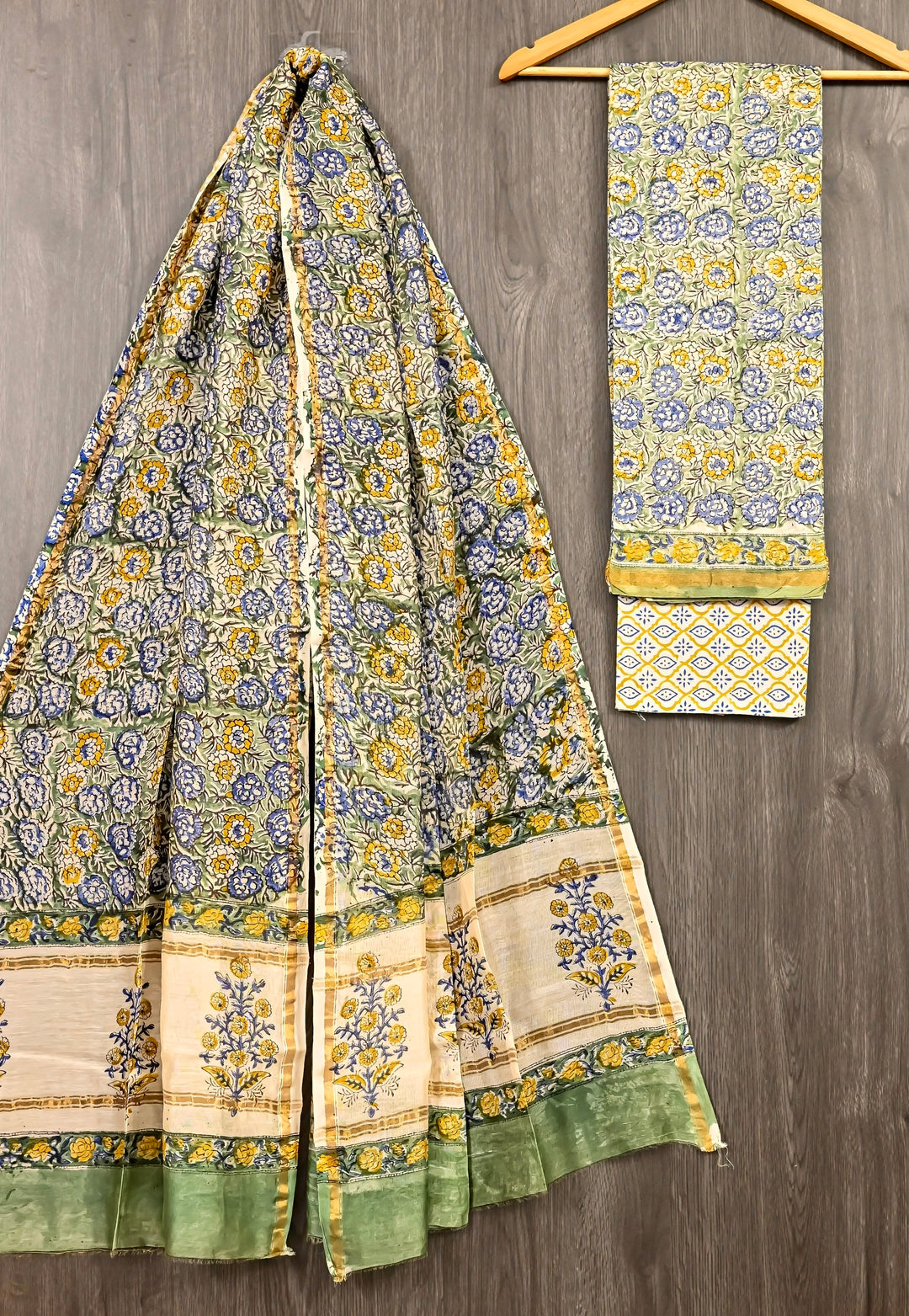 Pure Chanderi Silk Hand-Block Printed Unstitched Suit Set | Elegant Floral Jaal Print with Bordered Dupatta | Green & Blue Highlights