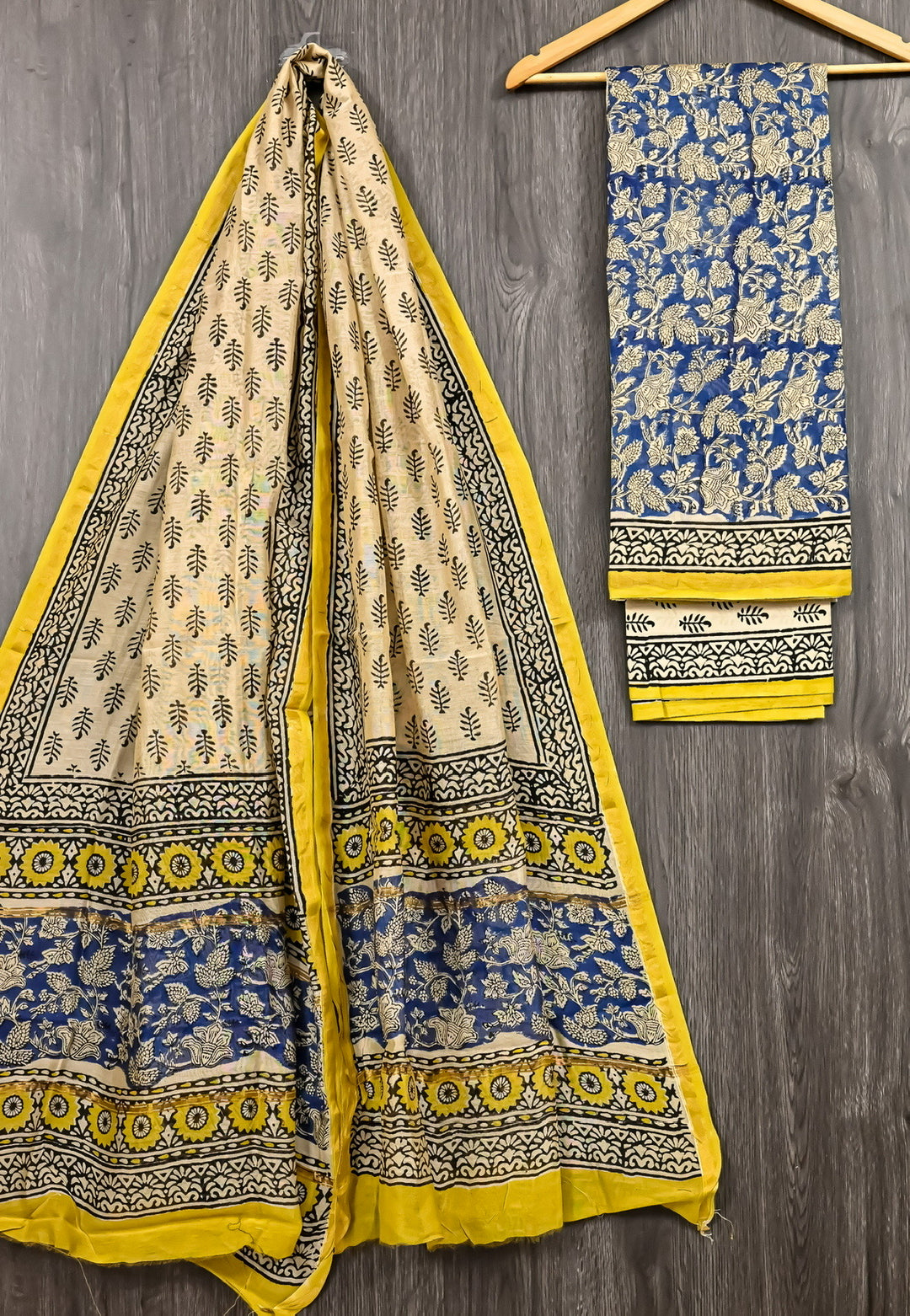 Royal Blue & Mustard Yellow Fusion Bagru Handblock Printed Chanderi Silk Suit