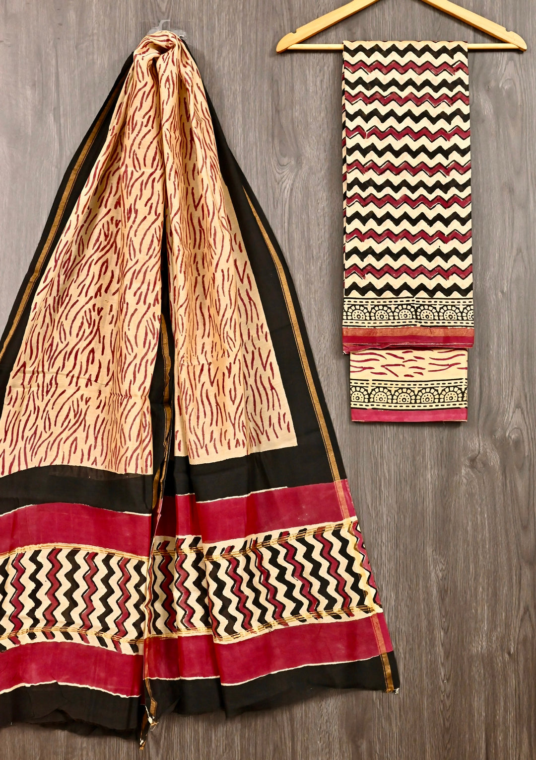 Premium Pure Chanderi Silk Suit Set | Bold Black & Maroon Zig-Zag Hand-Block Print | Contemporary Ethnic Wear with Contrast Dupatta