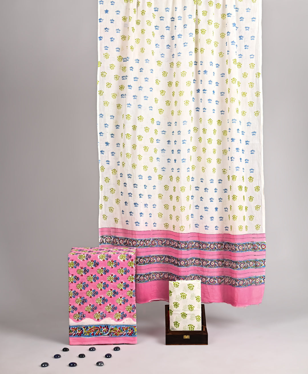 Hot Pink & Sky Blue Small Butti Hand Block Printed Cotton Suit Set with Designer Cotton Dupatta