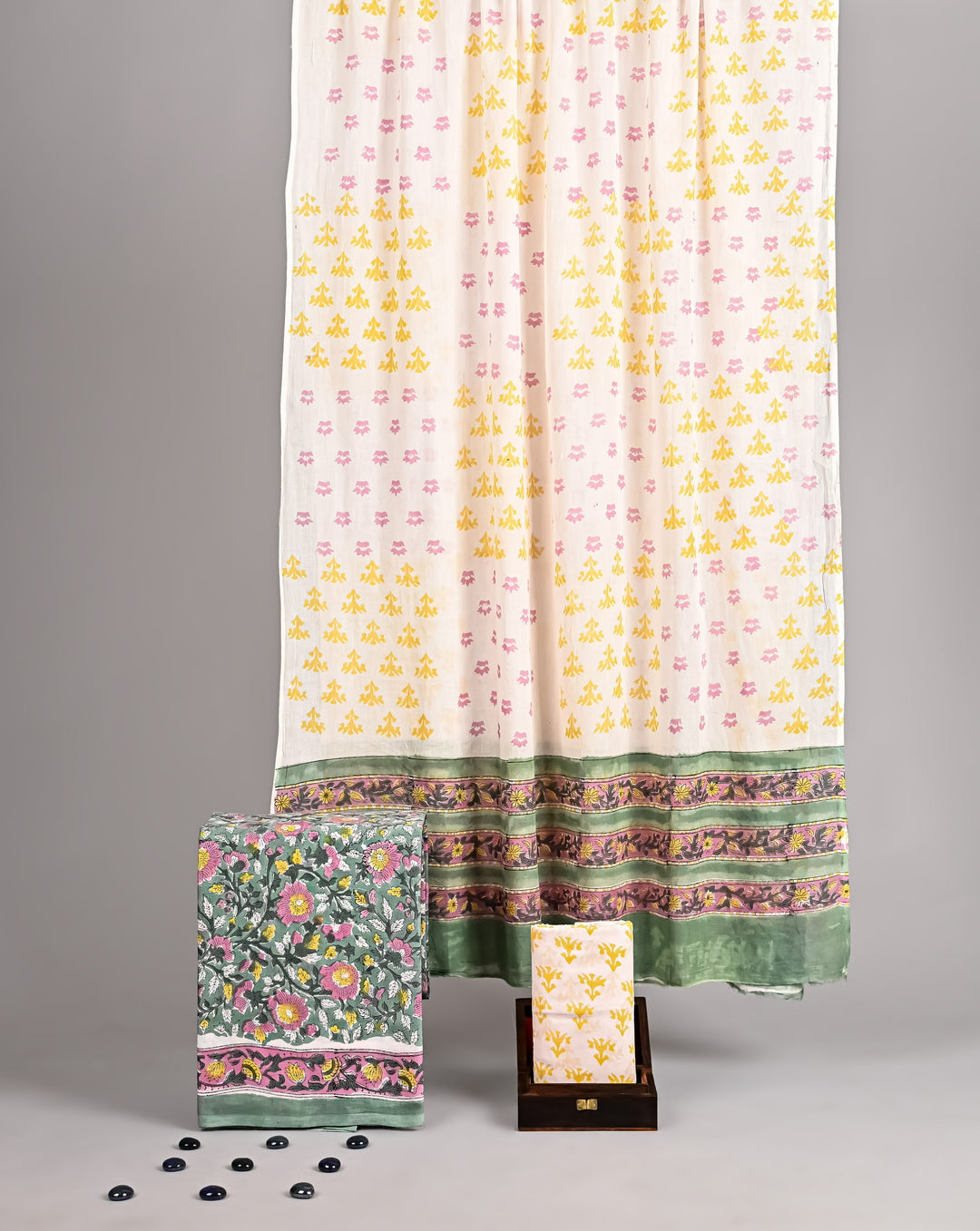Sage Green & Mustard Yellow Floral Hand Block Printed Cotton Suit with Jaal Print Dupatta