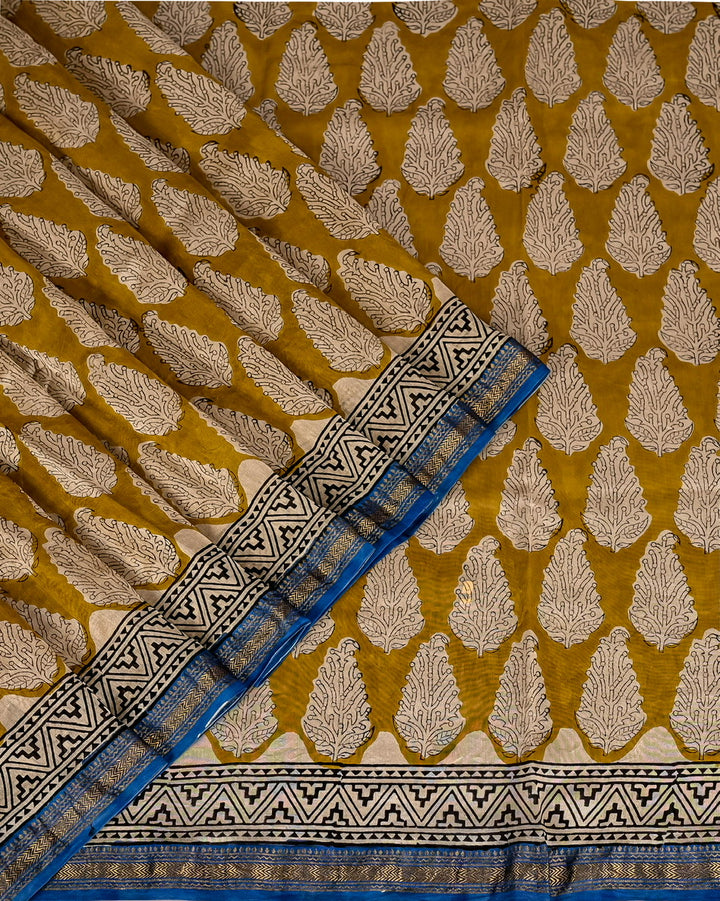 Pure Maheshwari Silk Saree Handblock Printed Saree - Mastard WIth Blue Pipin