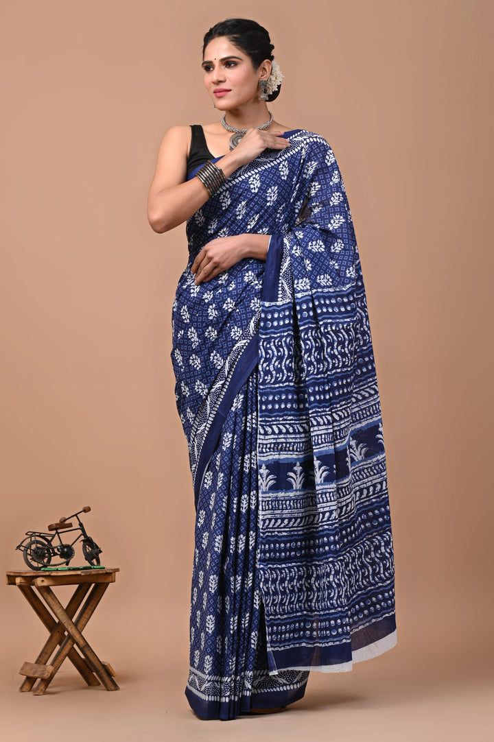 Jaipuri Printed Pure Mulmul Cotton Saree | With Blouse Piece Indigo Blue