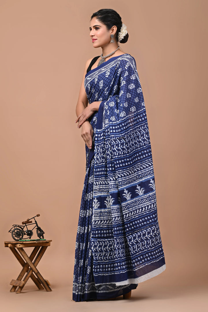 Jaipuri Printed Pure Mulmul Cotton Saree | With Blouse Piece Indigo Blue