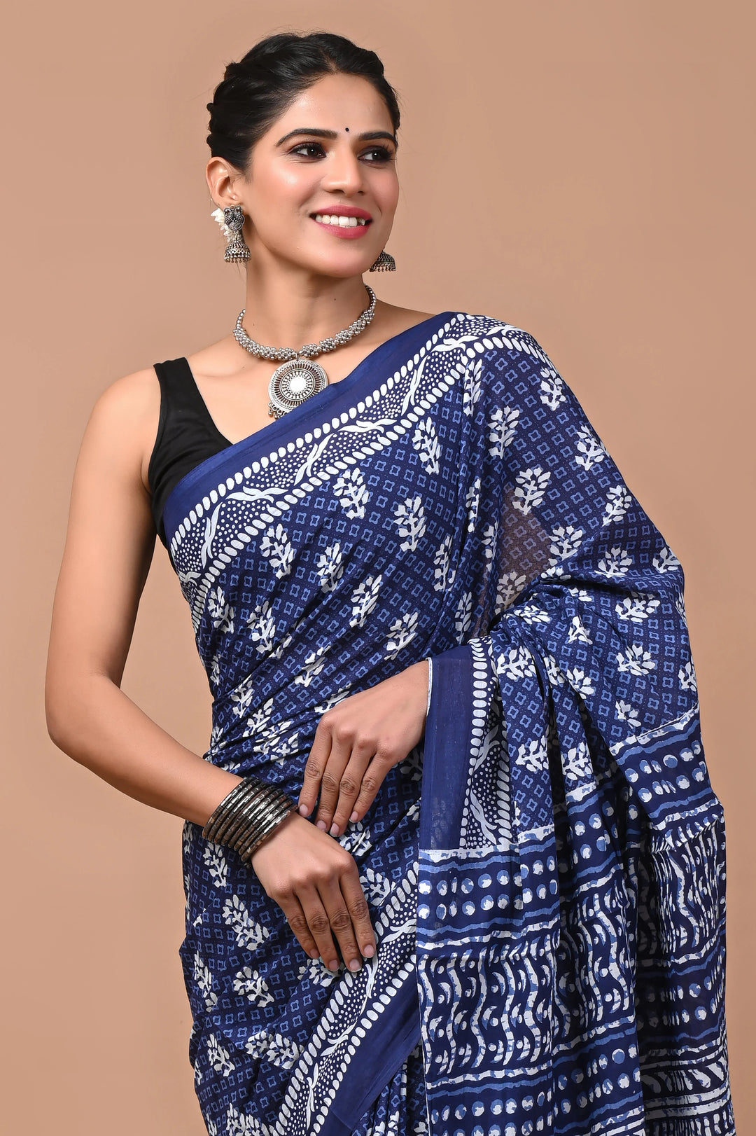Jaipuri Printed Pure Mulmul Cotton Saree | With Blouse Piece Indigo Blue