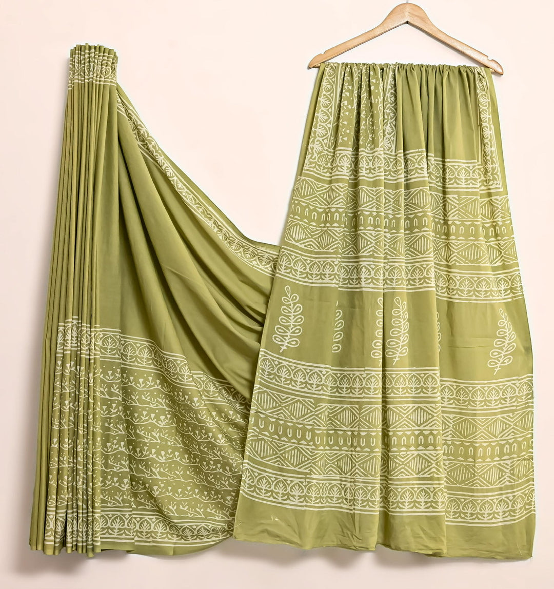 Pure Cotton Mulmul Bagru Handblock print Saree with blouse - olive Green