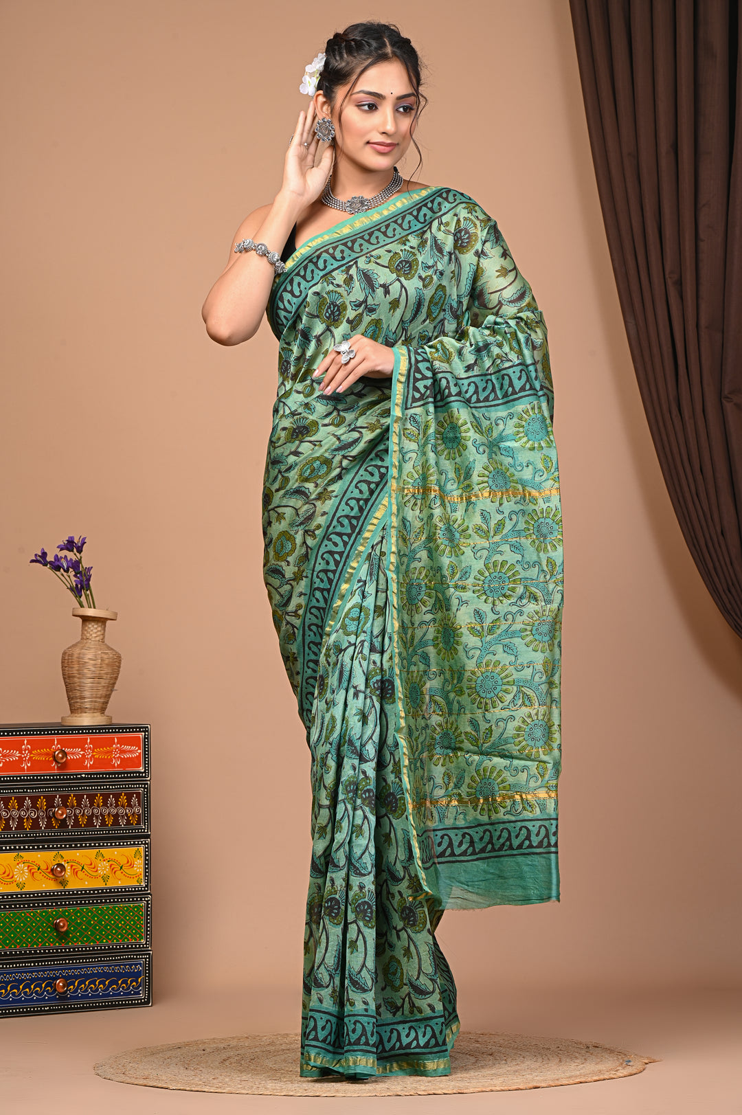Sea Green Chanderi Silk Saree with Floral Ajrakh Handblock Prints