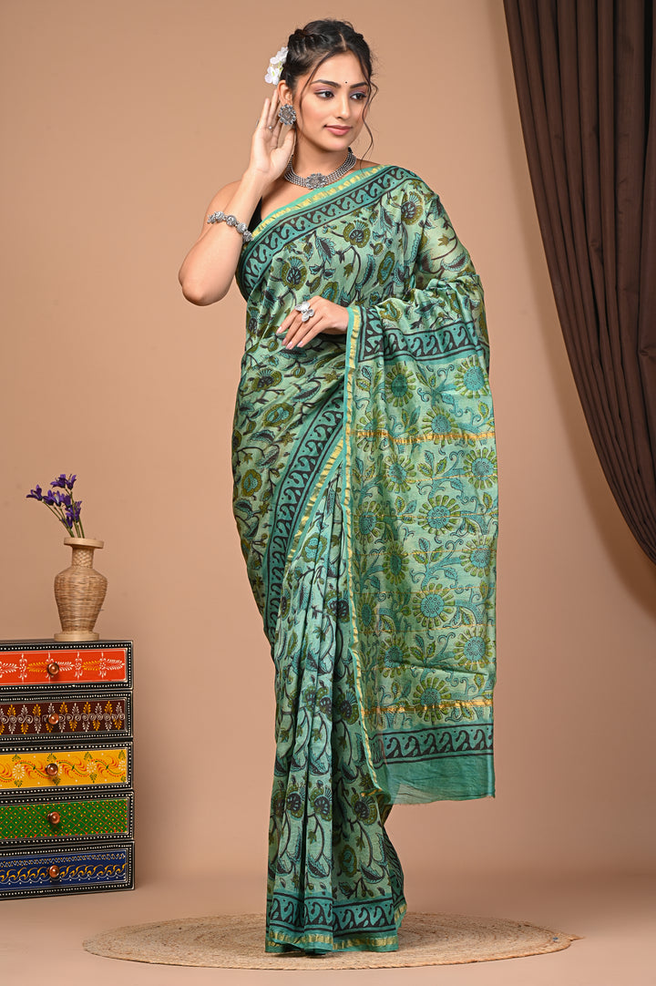 Sea Green Chanderi Silk Saree with Floral Ajrakh Handblock Prints