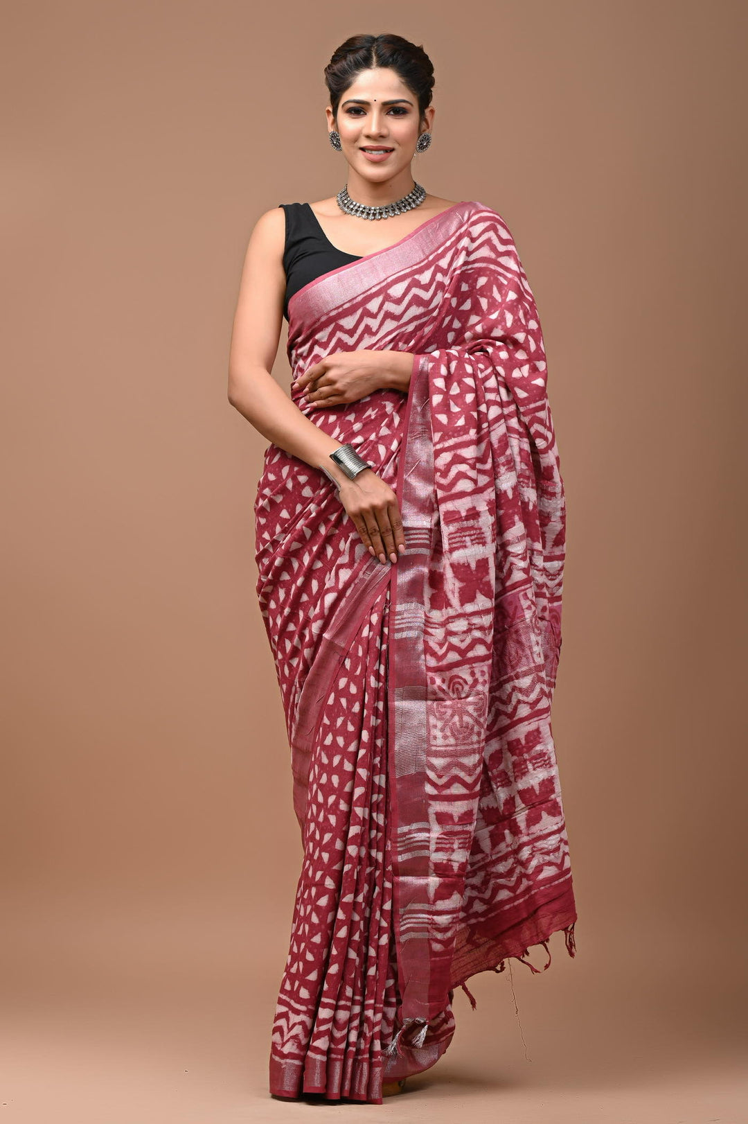 Linen cotton Handblock printed saree with blouse piece - Dusy rose pink