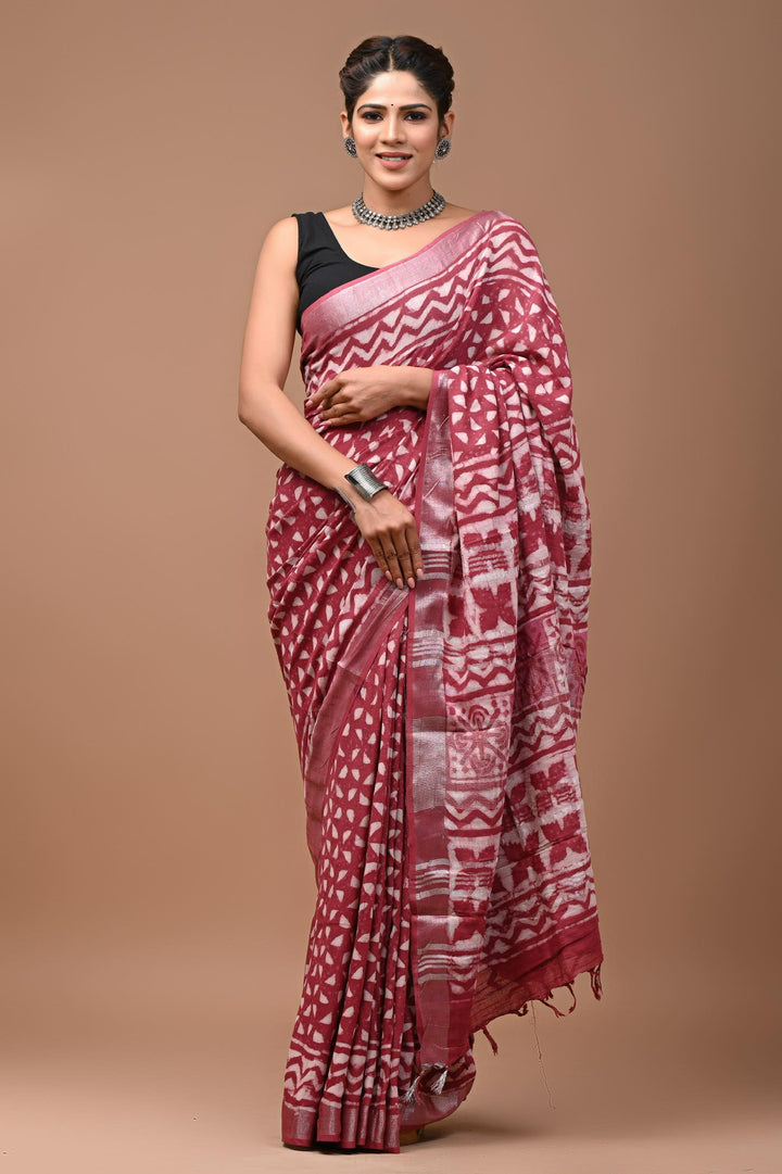 Linen cotton Handblock printed saree with blouse piece - Dusy rose pink