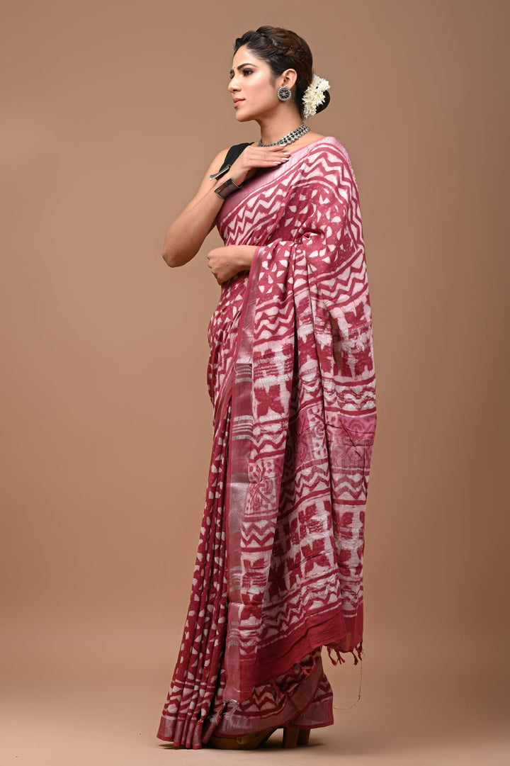 Linen cotton Handblock printed saree with blouse piece - Dusy rose pink