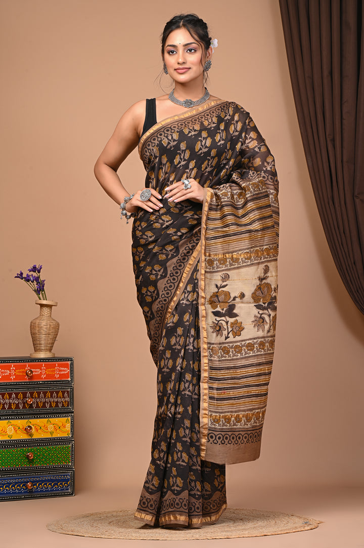 Elegant Charcoal Black Chanderi Silk Ajrakh Saree with Gold Zari Border