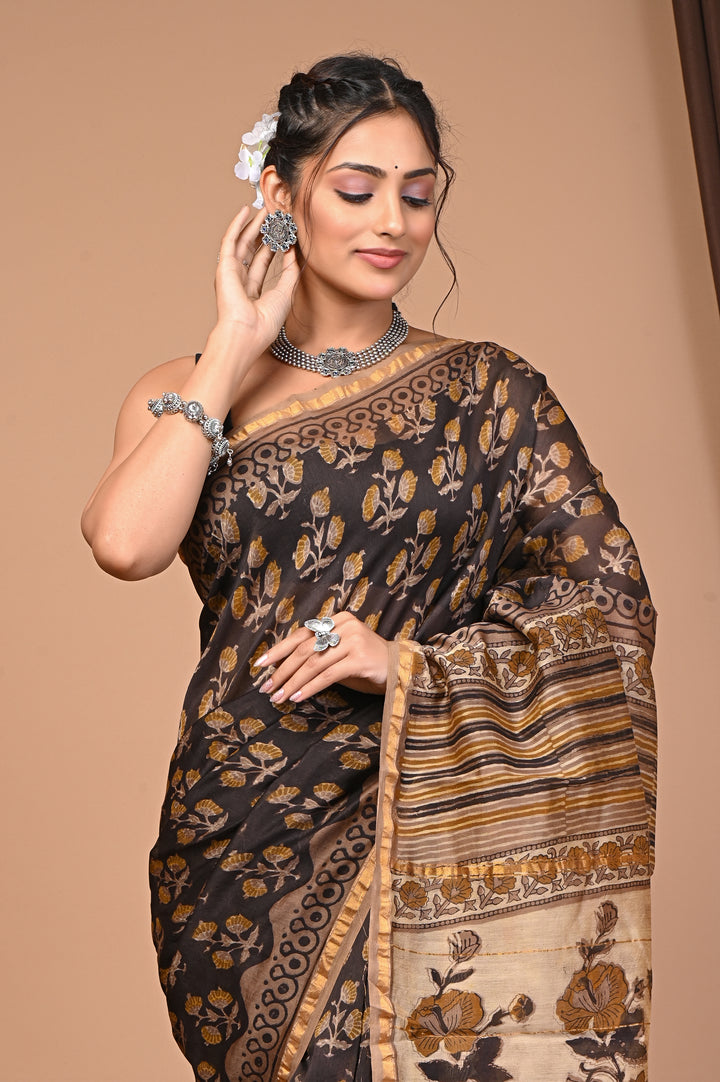 Elegant Charcoal Black Chanderi Silk Ajrakh Saree with Gold Zari Border