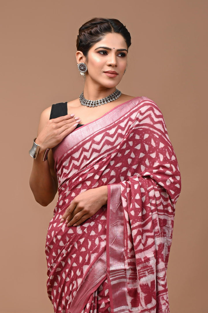 Linen cotton Handblock printed saree with blouse piece - Dusy rose pink