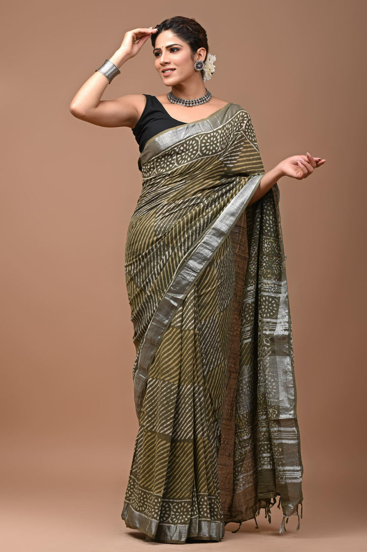 Linen cotton Handblock printed saree with blouse piece - Green Geometrical