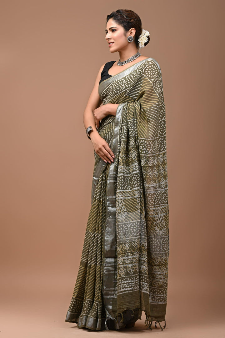 Linen cotton Handblock printed saree with blouse piece - Green Geometrical