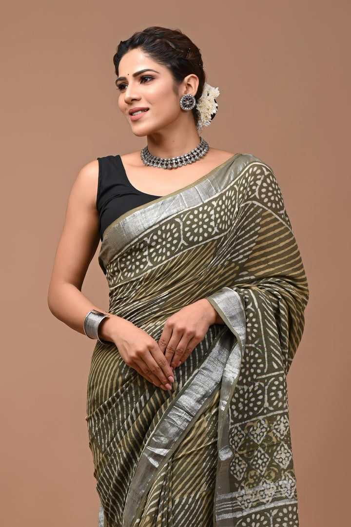 Linen cotton Handblock printed saree with blouse piece - Green Geometrical