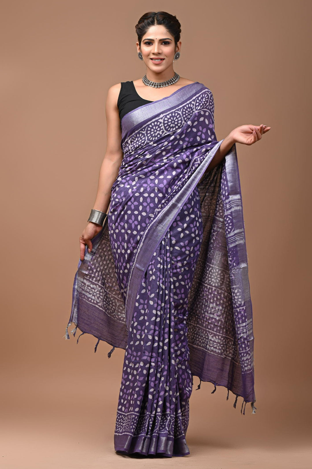 Linen cotton Handblock printed saree with blouse piece - Purple daabu