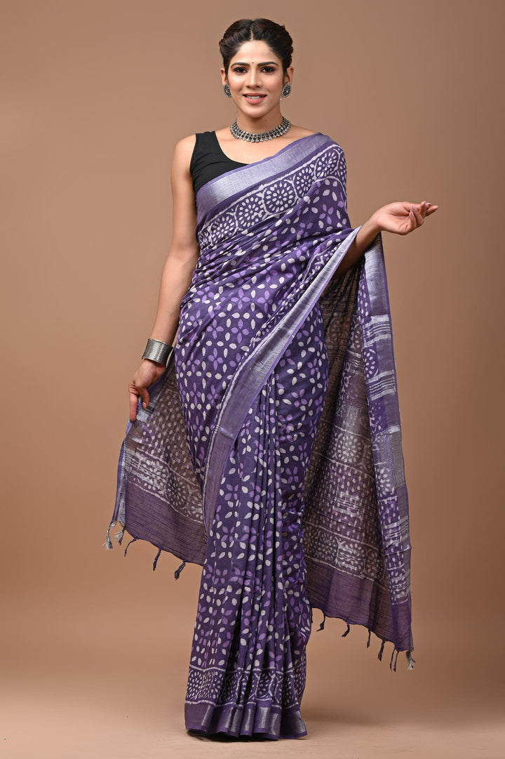 Linen cotton Handblock printed saree with blouse piece - Purple daabu