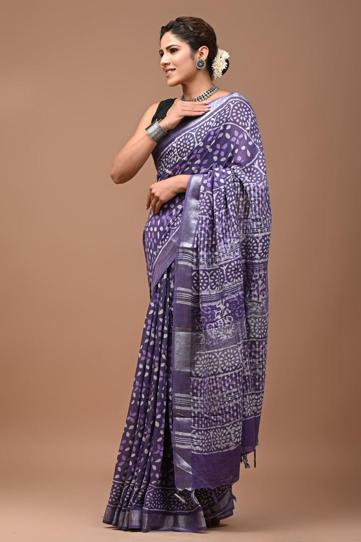 Linen cotton Handblock printed saree with blouse piece - Purple daabu