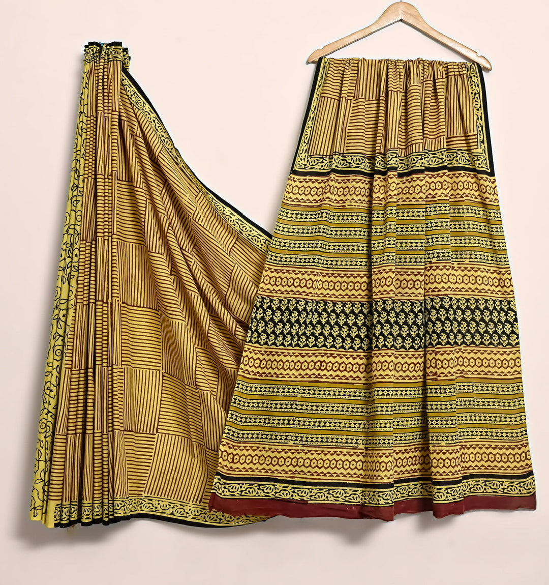 Pure Cotton Mulmul Bagru Handblock print Saree with blouse - Geometrical Yellow