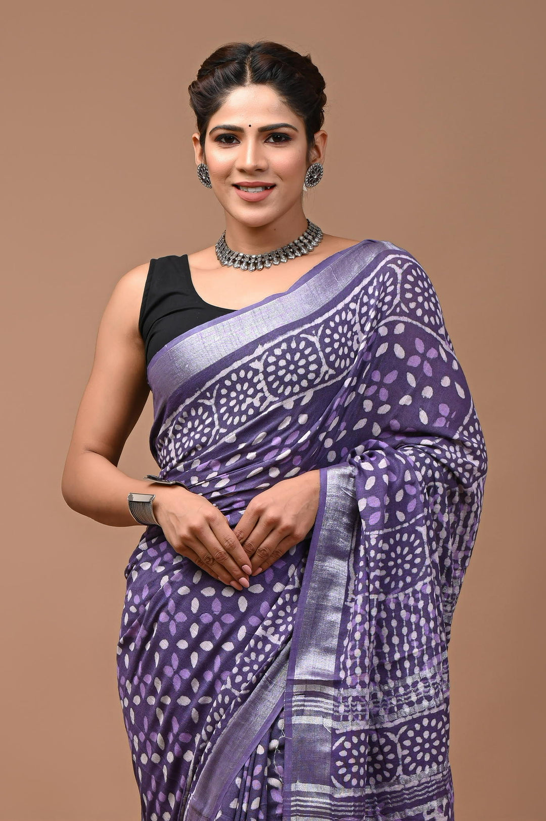 Linen cotton Handblock printed saree with blouse piece - Purple daabu