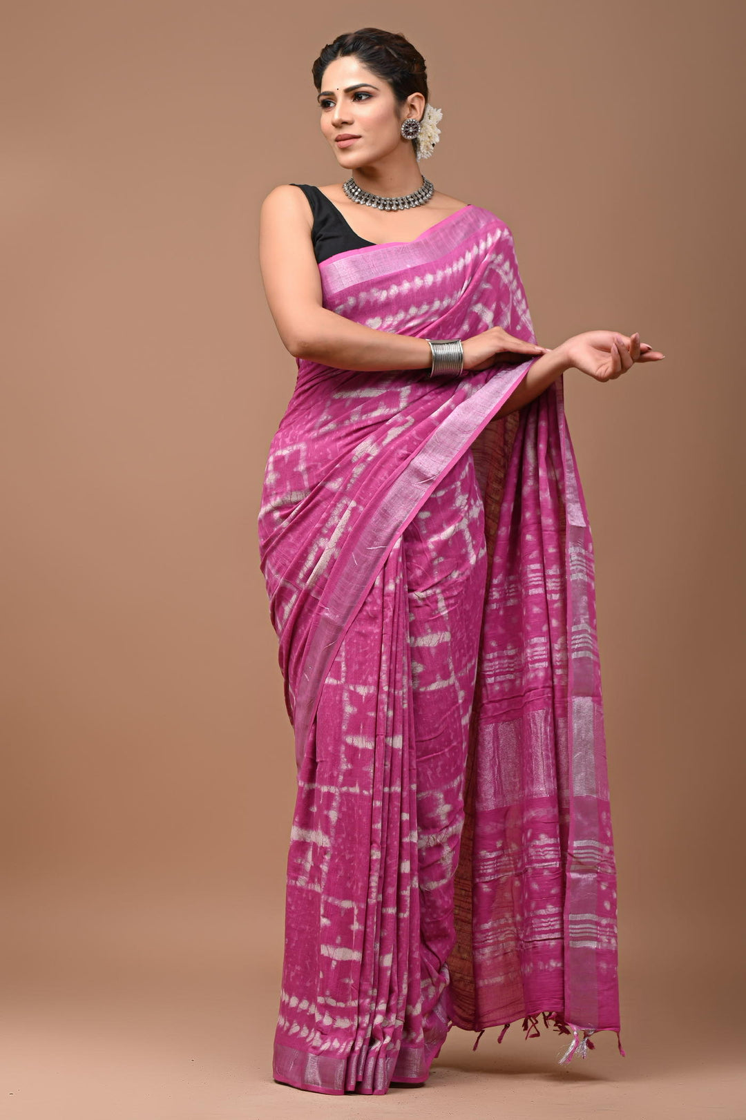 Linen cotton Handblock printed saree with blouse piece - Dark Pink