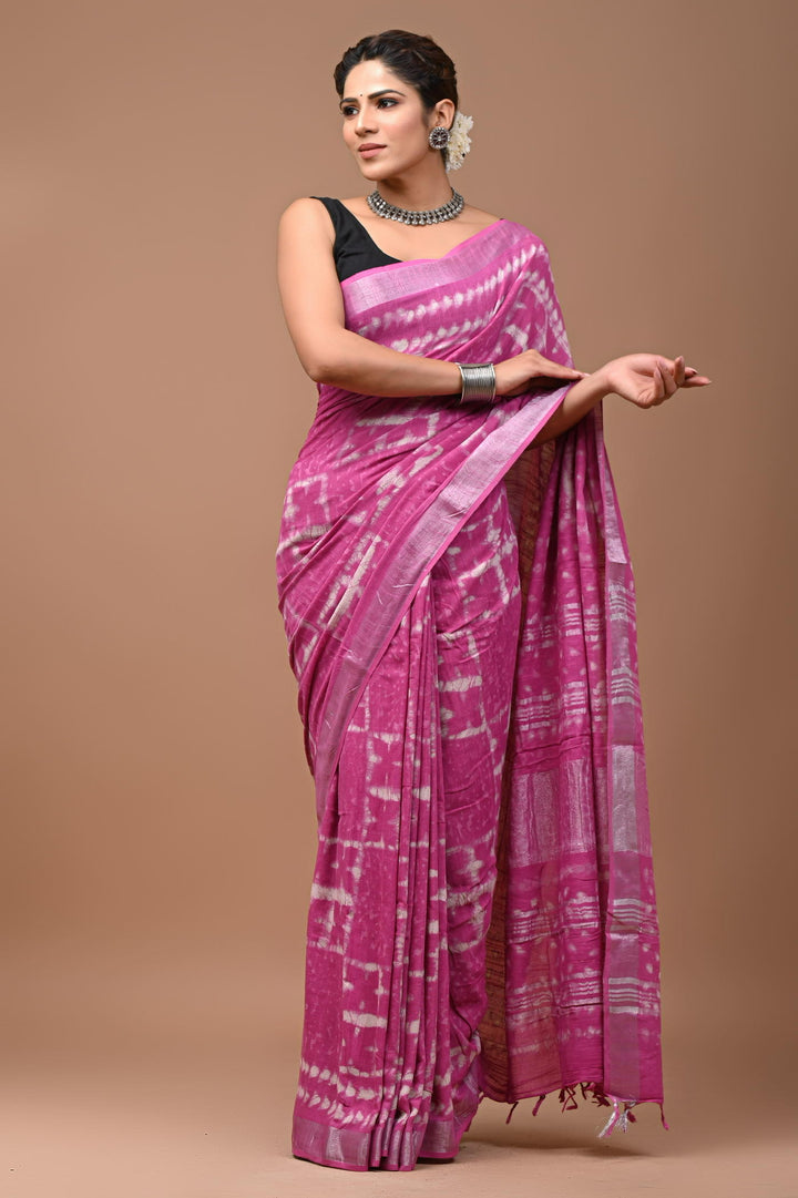 Linen cotton Handblock printed saree with blouse piece - Dark Pink
