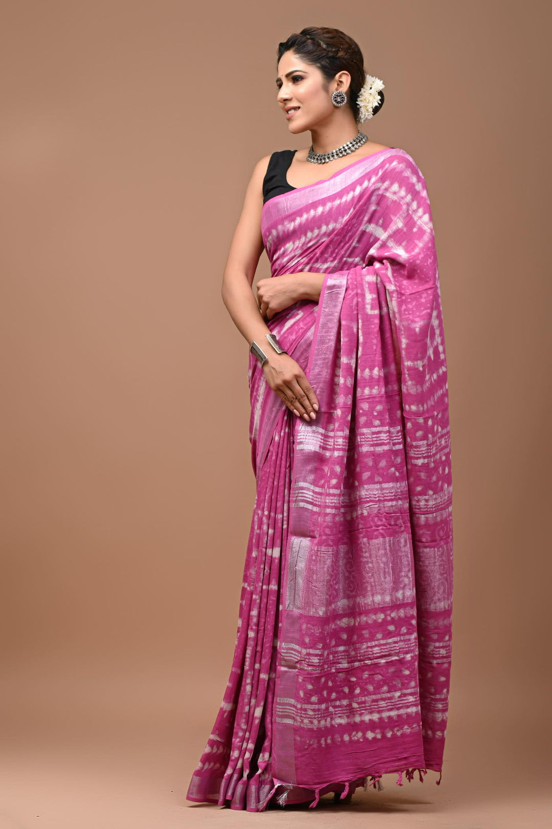 Linen cotton Handblock printed saree with blouse piece - Dark Pink