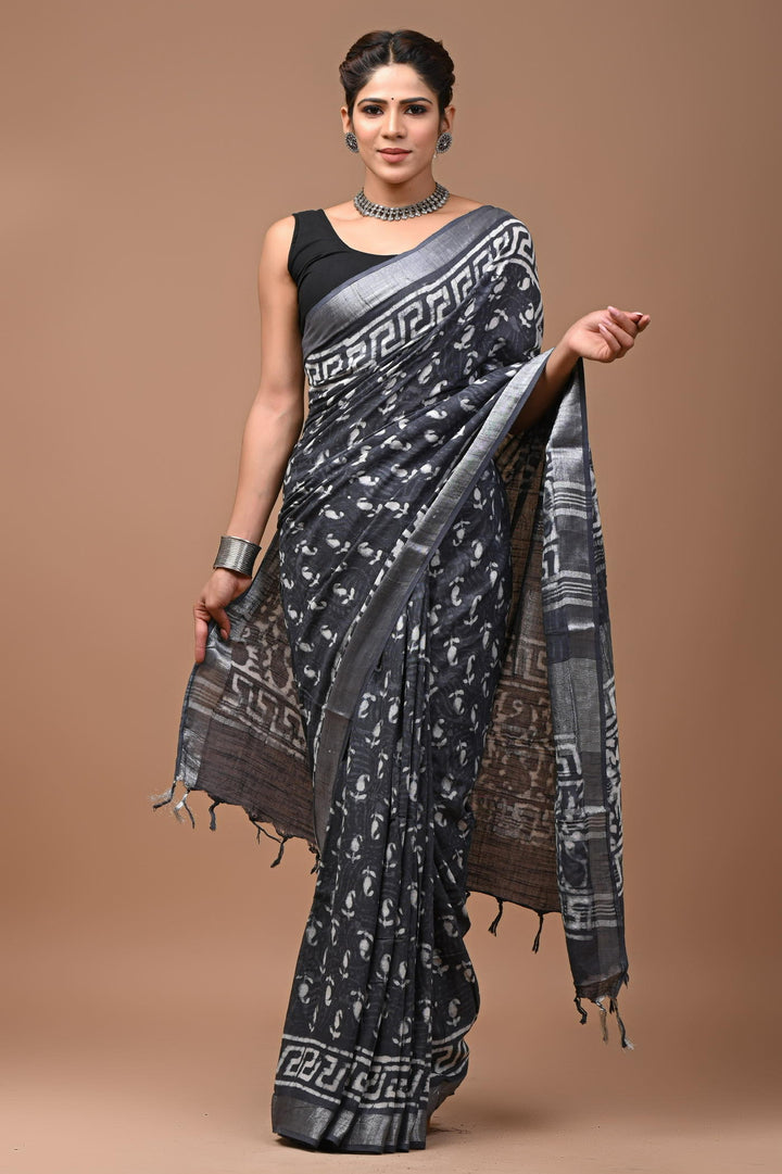Linen cotton Handblock printed saree with blouse piece - Dark Gray