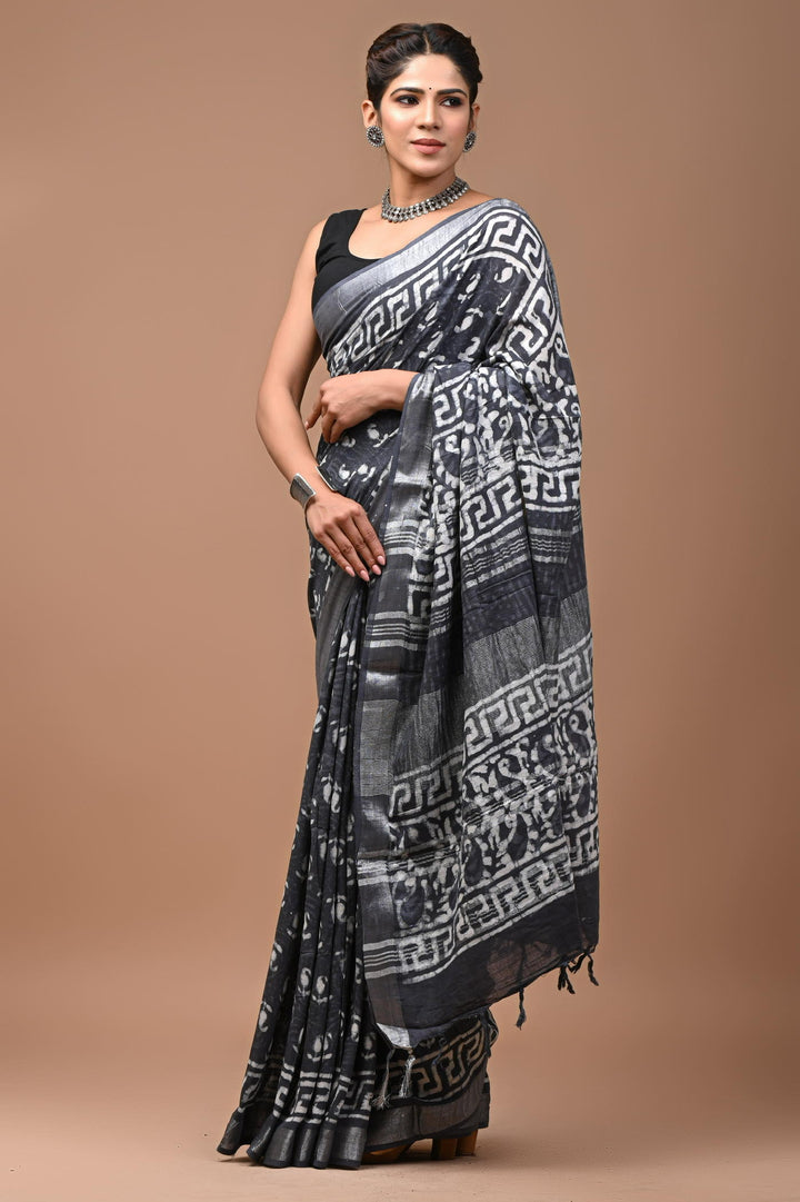 Linen cotton Handblock printed saree with blouse piece - Dark Gray