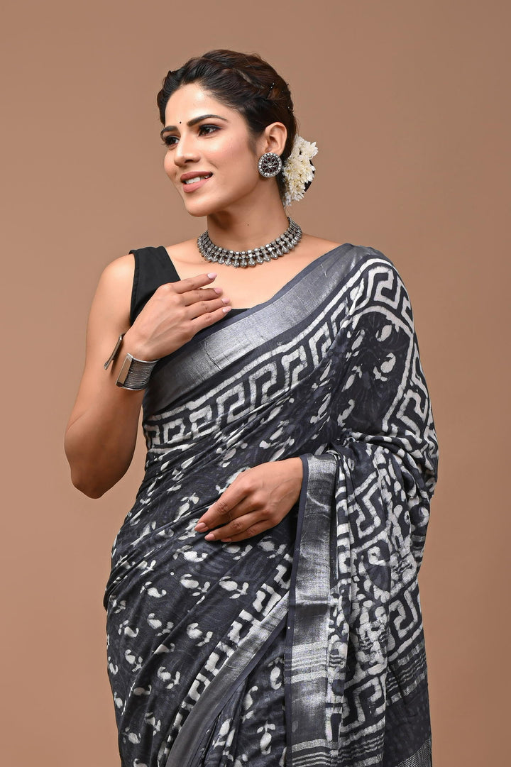 Linen cotton Handblock printed saree with blouse piece - Dark Gray