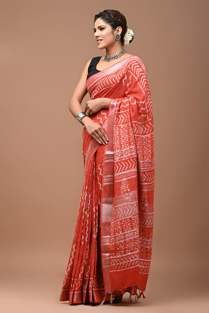Linen cotton Handblock printed saree with blouse piece - Orange