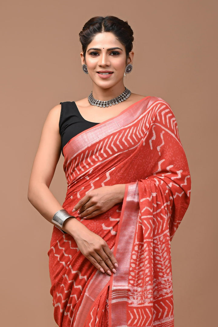 Linen cotton Handblock printed saree with blouse piece - Orange