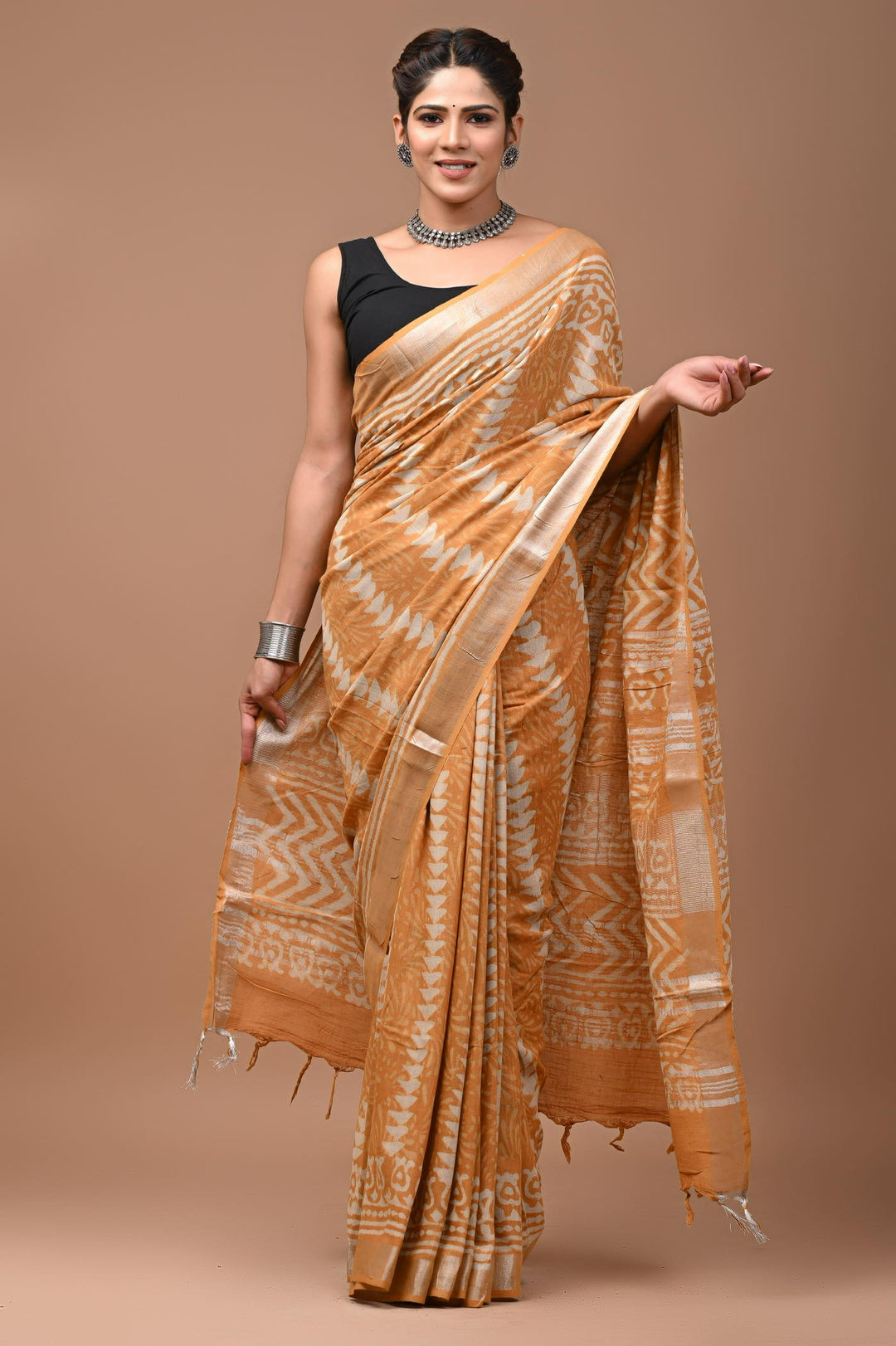 Linen cotton Handblock printed saree with blouse piece mastard daabu