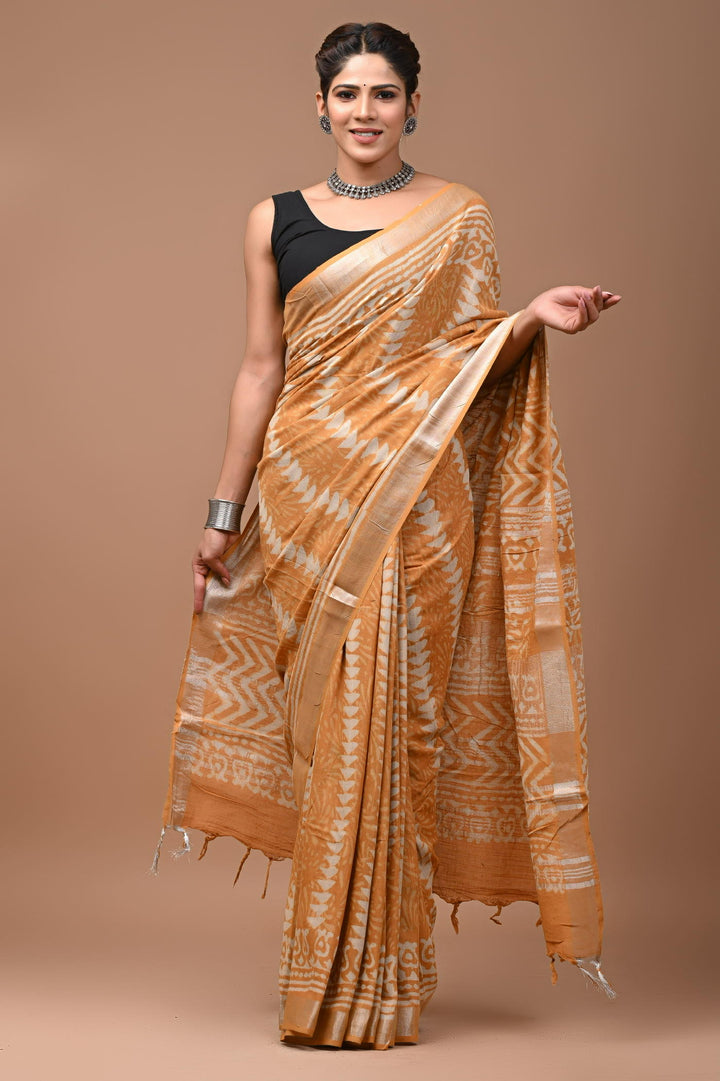 Linen cotton Handblock printed saree with blouse piece mastard daabu