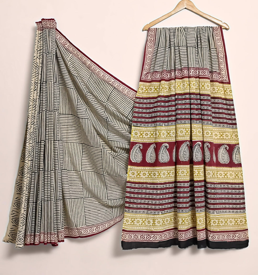 Geometrical Pure Cotton Mulmul Bagru Handblock print Saree with blouse - Beige