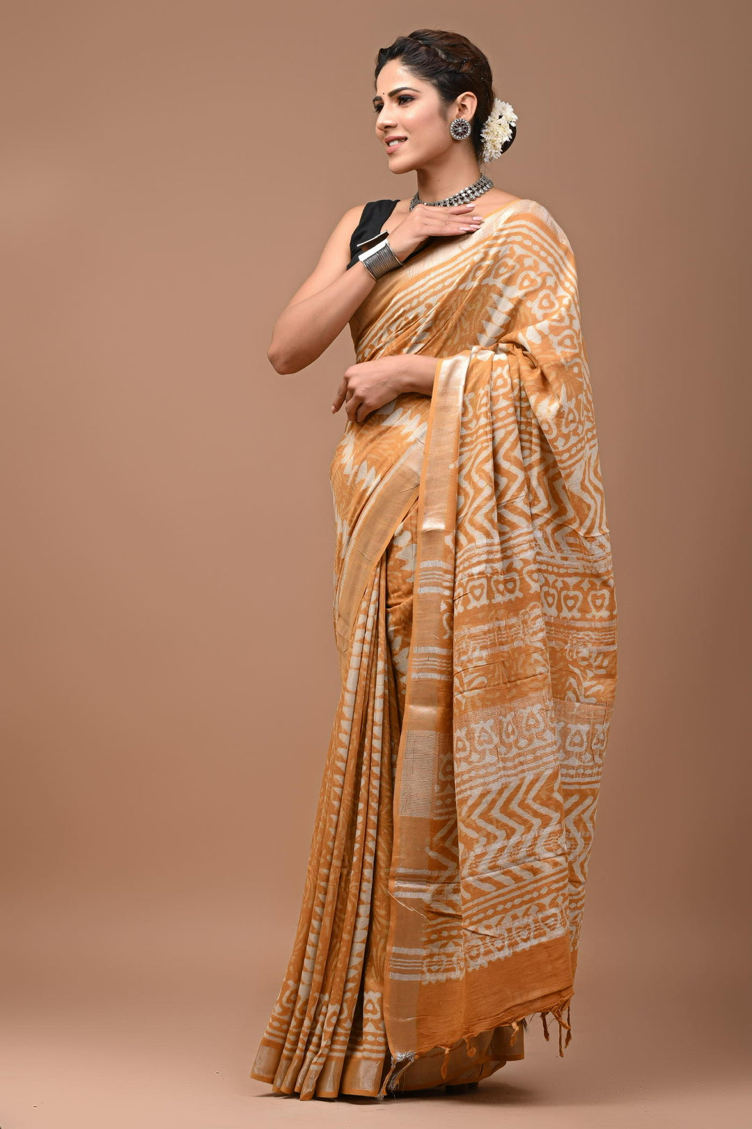 Linen cotton Handblock printed saree with blouse piece mastard daabu