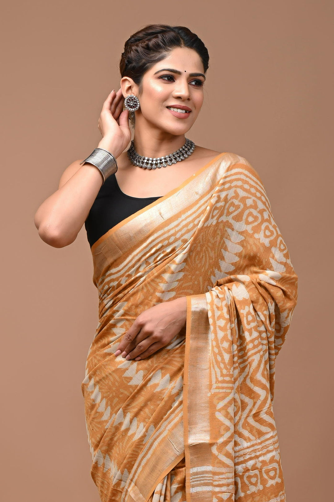 Linen cotton Handblock printed saree with blouse piece mastard daabu