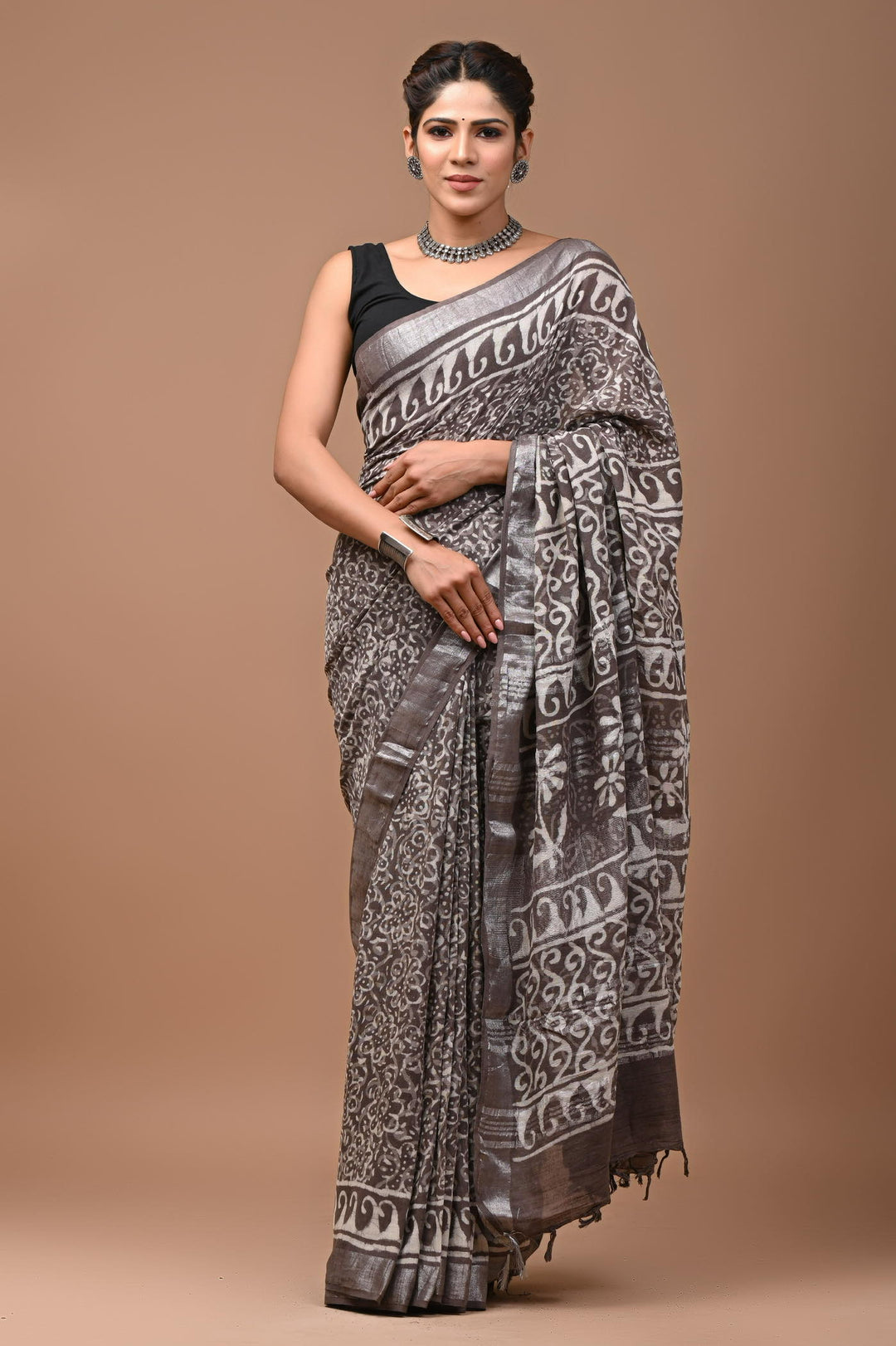 Linen cotton Handblock printed saree with blouse piece - Kashish brown