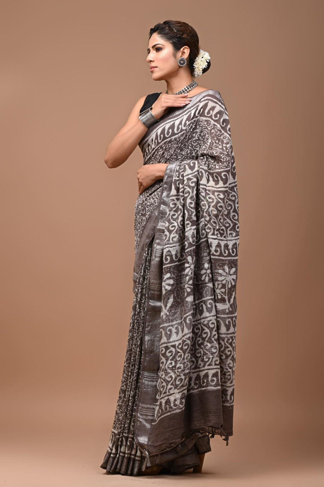 Linen cotton Handblock printed saree with blouse piece - Kashish brown