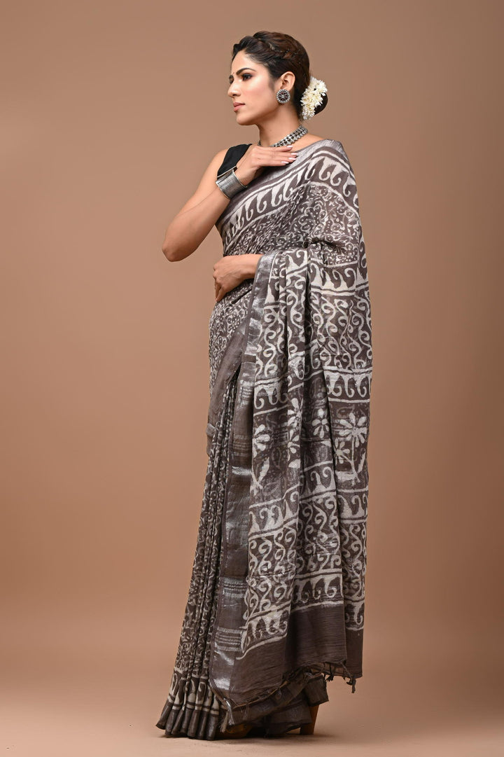Linen cotton Handblock printed saree with blouse piece - Kashish brown